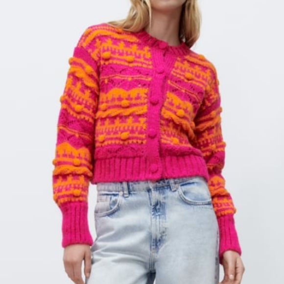 Zara hot pink and orange pompom knit jacquard cardigan NWT - Picture 2 of 10